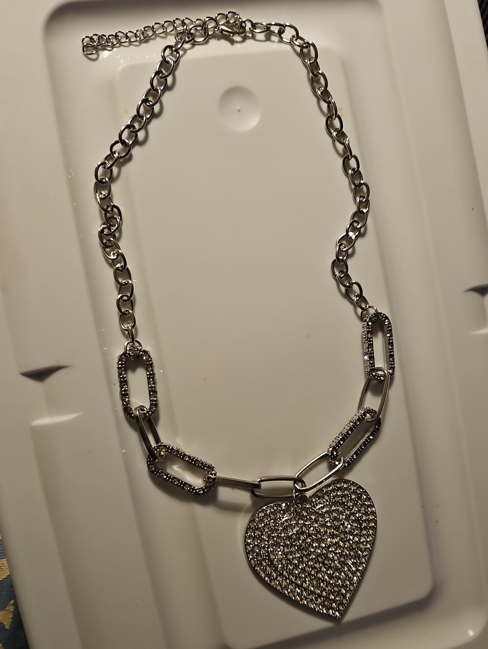 Silver Heart Pendant Link Necklace - Women Jewelry